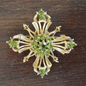 Vintage Green Rhinestone Goldtone Celtic Cross 2"x2"